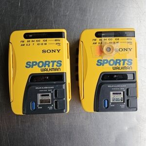 TWO Vintage Sony Yellow Sports Walkman WM-AF58 Radio Cassette Player Solar Alarm